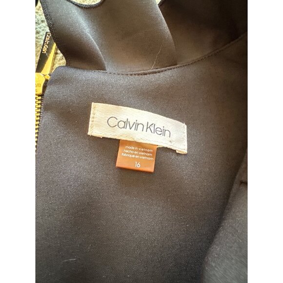 Calvin Klein Sheath Dress Gold Zip Back 16 Black Sleeveless Scuba Ruffle Neck - Picture 3 of 8